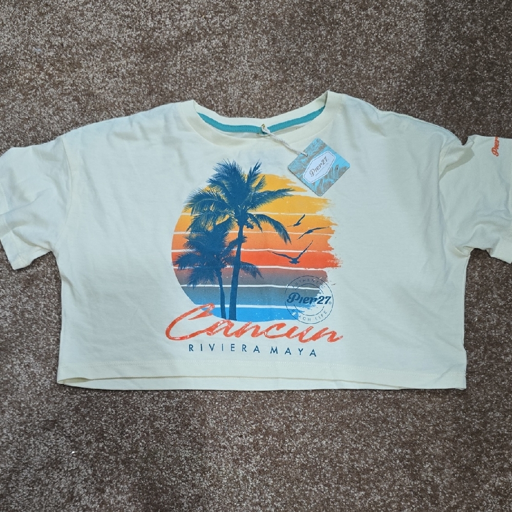 Cream Crop Top with Tropical Print